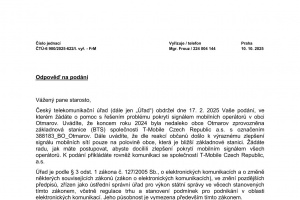 Pokrytí obce Otmarov mobilním signálem - výsledky měření - odpověď ČTÚ