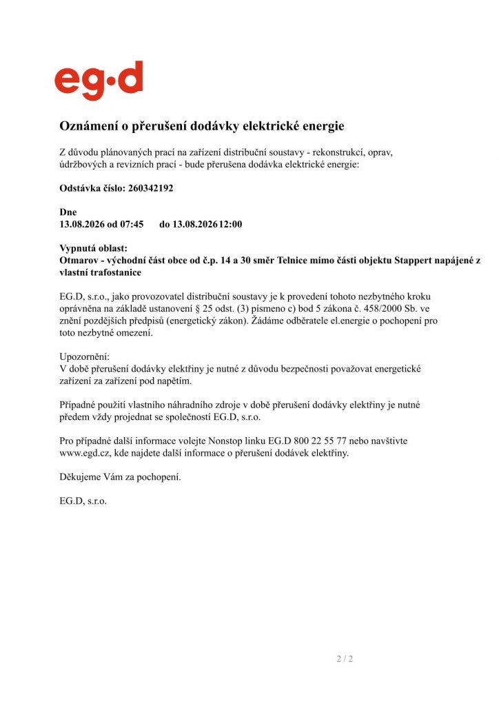 Oznámení o přerušení dodávky elektrické energie 13.8.2026 (2) Oznámení o přerušení dodávky elektrické energie 13.8.2026 (2)
