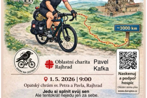 Informace o dárcovské výzvě Pavla Kafky, který se 1.5. 2026 na kole vydal na charitativní cestu do Santiaga de Compostela na podporu hospice.