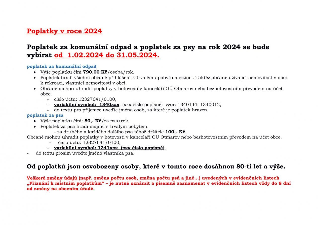 Platba poplatků za odpady a psy v roce 2025 Otmarov