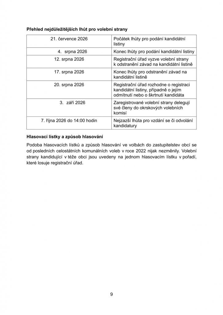 Informace o podmínkách kandidatury ve volbách do zastupitelstev obcí konaných ve dnech 9. a 10. října 2026 (9) Informace o podmínkách kandidatury ve volbách do zastupitelstev obcí konaných ve dnech 9. a 10. října 2026 (9)