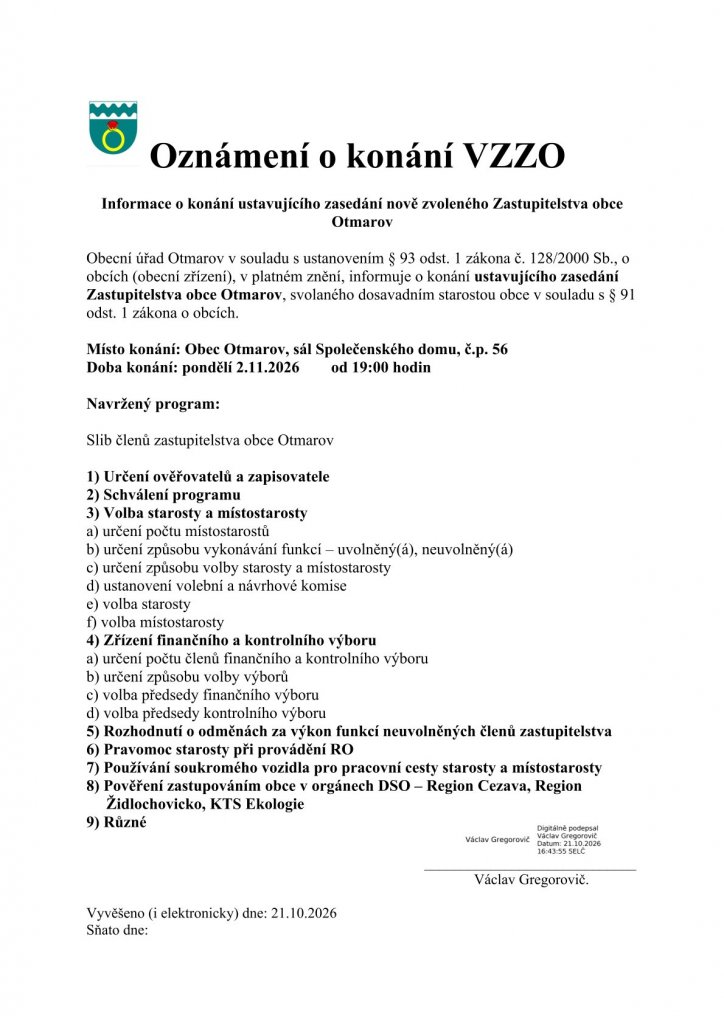 Oznámení VZZO - ustavující zasedání 2026 - 2.11. 2026 Oznámení VZZO - ustavující zasedání 2026 - 2.11. 2026